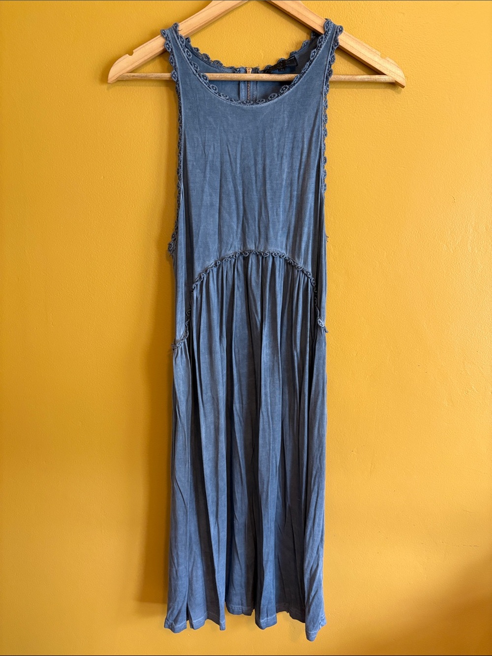 POL Sleeveless Denim-Blue Maxi Dress with Crochet Edge